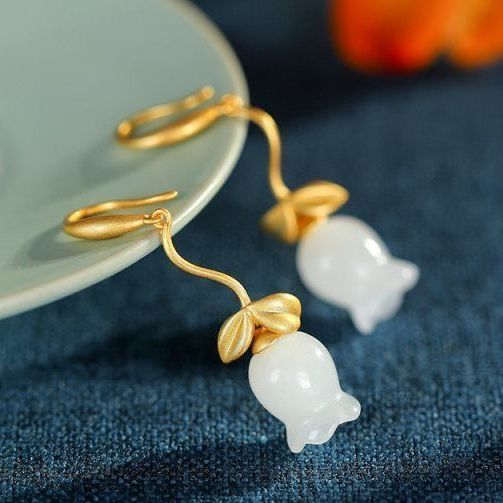 Silver Inlaid Natural Fine White Jade Magnolia Flower Earrings Creative Retro Elegant Charm Women's Brand Jewelry