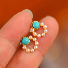 Load image into Gallery viewer, Silver Inlaid Turquoise Pearl Earrings Vintage Style Retro Unique Craft Luxury Charm Women&#39;s Jewelry
