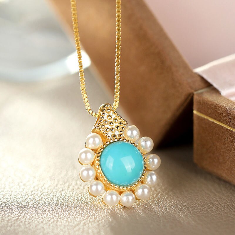 Silver Inlaid Turquoise Pearl Pendant Necklace Vintage Retro Charm Gilded Luxury Women's Jewelry