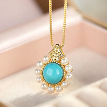 Load image into Gallery viewer, Silver Inlaid Turquoise Pearl Pendant Necklace Vintage Retro Charm Gilded Luxury Women&#39;s Jewelry
