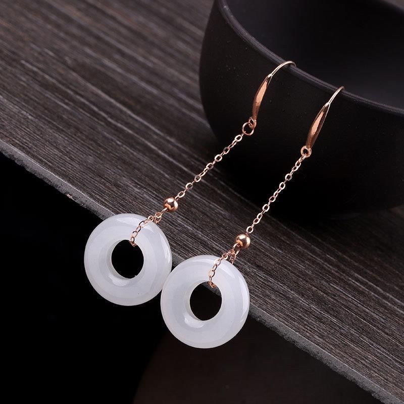 Silver Natural Fine White Chalcedony Round Earrings Vintage Style Retro Cool Women's Brand Jewelry