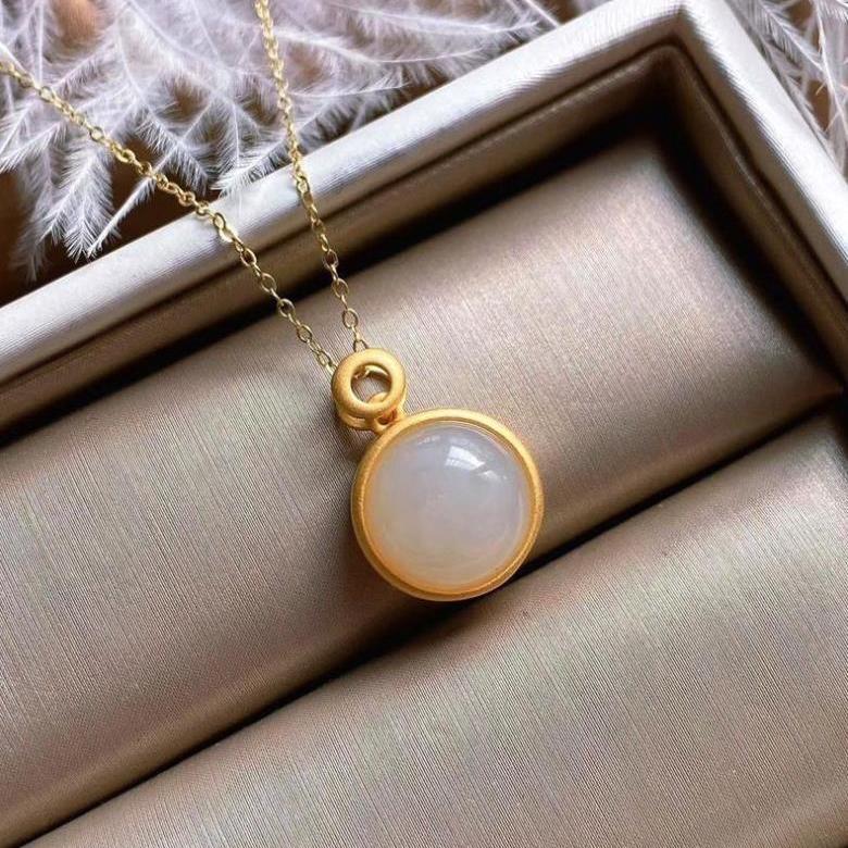 Silver Natural Fine White Jade Pendant Necklace Vintage Style Retro Design Simple Women's Brand Jewelry