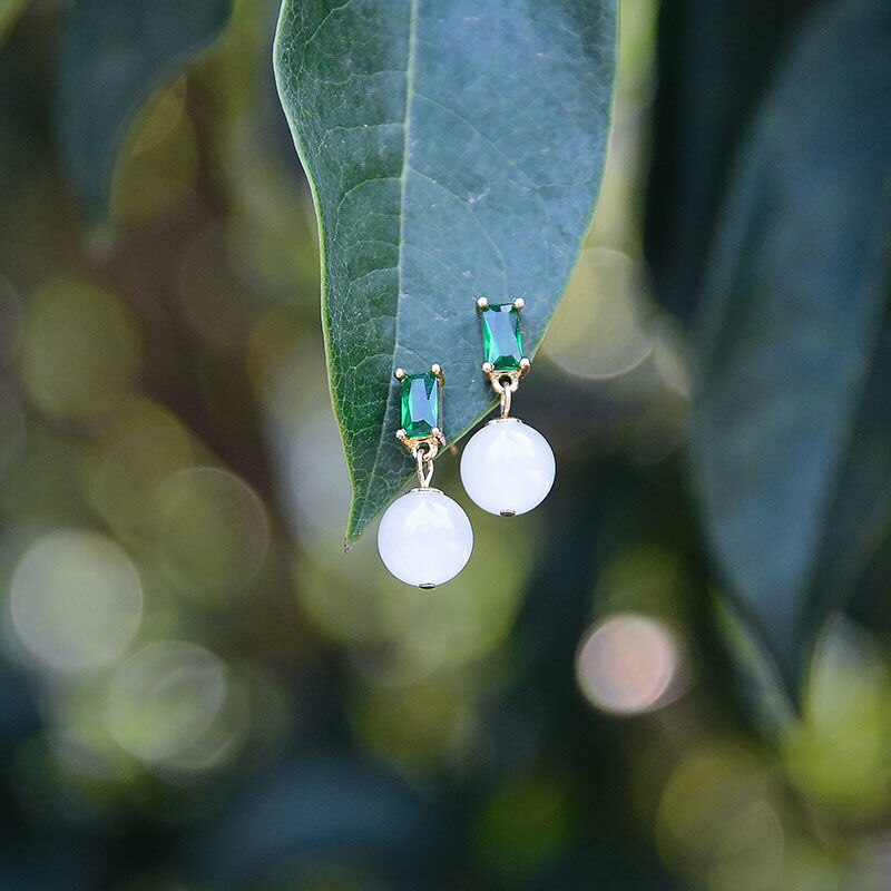 New Silver Natural Fine White Jade Emerald Earrings Vintage Retro Charming Women Luxury Jewelry