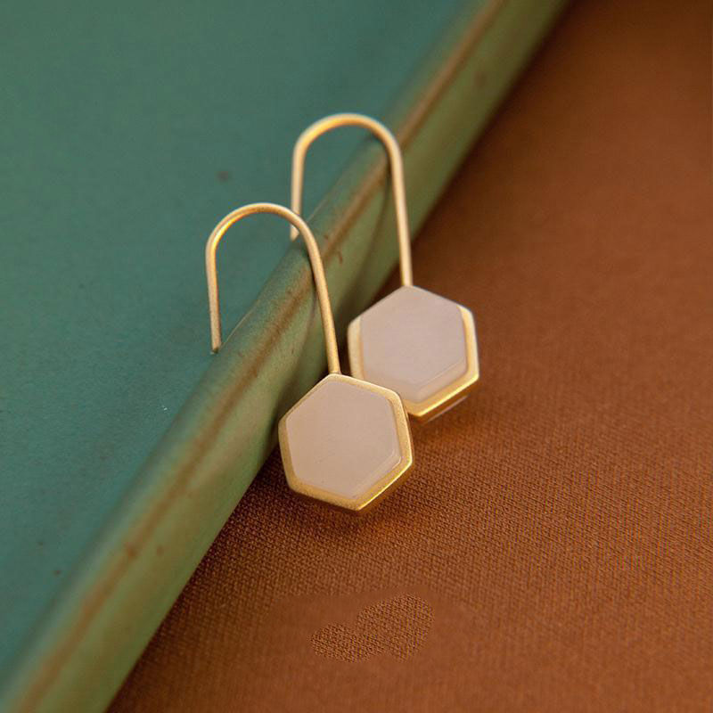 Silver Inlaid Natural Fine White Chalcedony Earrings Vintage Style Retro Geometric Unique Craft Women's Brand Jewelry