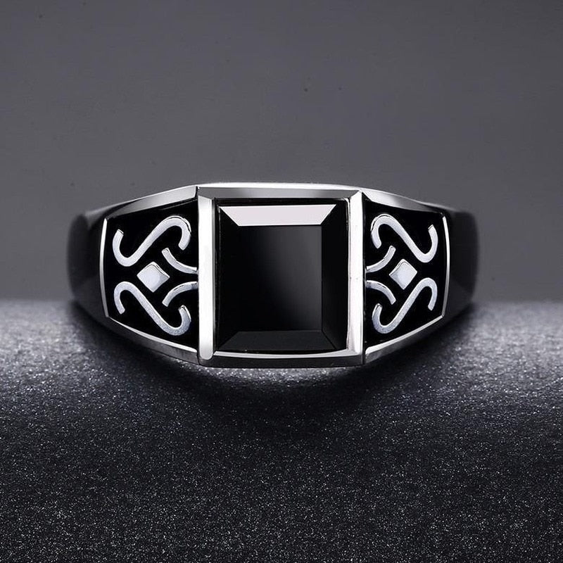 Silver Original Inlaid Black Agate Geometric Retro Opening Adjustable Men's Ring