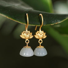 Load image into Gallery viewer, Unique Design Inlaid Natural Fine Jade Retro Style Lotus Earrings Ladies Elegant Silver Jewelry
