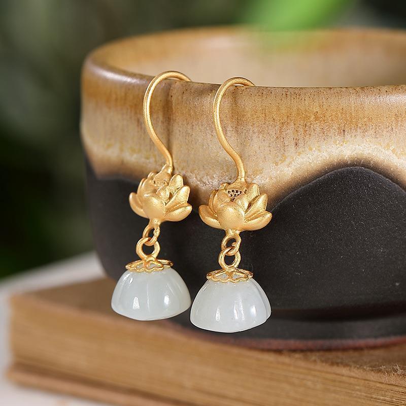 Unique Design Inlaid Natural Fine Jade Retro Style Lotus Earrings Ladies Elegant Silver Jewelry