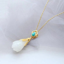 Load image into Gallery viewer, New Ancient Golden Craftsmanship Inlaid Natural Fine White Jade Magnolia  Pendant Necklace Luxury Elegant Ladies Silver Jewelry
