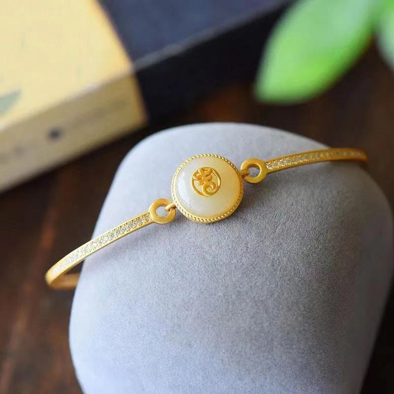 New Ancient Golden Craftsmanship Inlaid Natural Fine White Jade Bracelet Exquisite Elegant Ladies Gift Jewelry