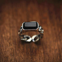 Load image into Gallery viewer, New Design Men&#39;s Silver Inlaid Black Agate Jewelry Retro Hipster Elegant Square Opening Ring
