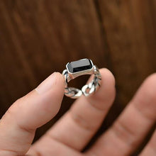 Load image into Gallery viewer, New Design Men&#39;s Silver Inlaid Black Agate Jewelry Retro Hipster Elegant Square Opening Ring
