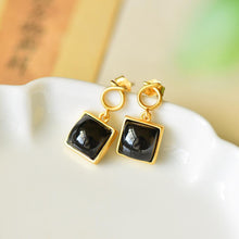 Load image into Gallery viewer, Designer Original Silver Inlaid Black Agate Geometric Square Earrings Retro Charm Ladies Brand Silver Jewelry
