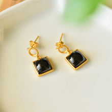 Load image into Gallery viewer, Designer Original Silver Inlaid Black Agate Geometric Square Earrings Retro Charm Ladies Brand Silver Jewelry
