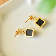 Load image into Gallery viewer, Designer Original Silver Inlaid Black Agate Geometric Square Earrings Retro Charm Ladies Brand Silver Jewelry
