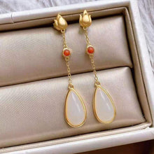 Load image into Gallery viewer, New Inlaid with Natural White Jade Drop Shaped Long Earrings Retro Style Charm Women&#39;s Brand Jewelry
