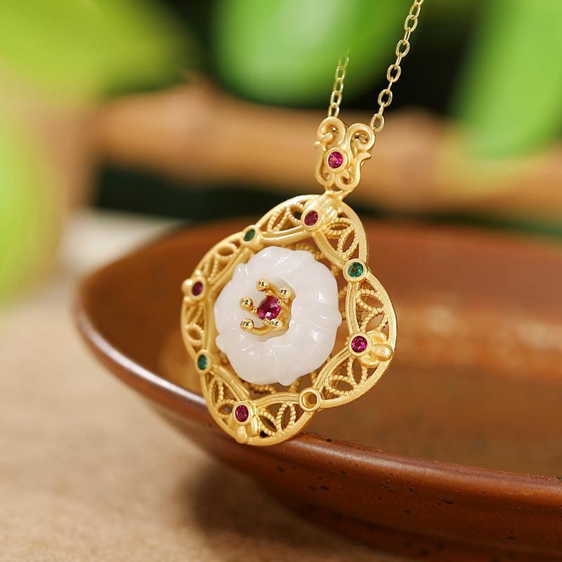 New Inlaid Natural Fine White Jade Plum Blossom Necklace Pendant Classical Lady Silver Jewelry