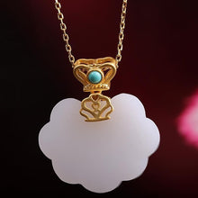 Load image into Gallery viewer, Natural Fine White Jade Auspicious Clouds Inlaid Turquoise Gold-plated Necklace Pendant Retro Ladies Silver Jewelry
