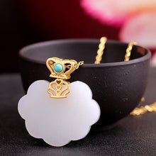 Load image into Gallery viewer, Natural Fine White Jade Auspicious Clouds Inlaid Turquoise Gold-plated Necklace Pendant Retro Ladies Silver Jewelry
