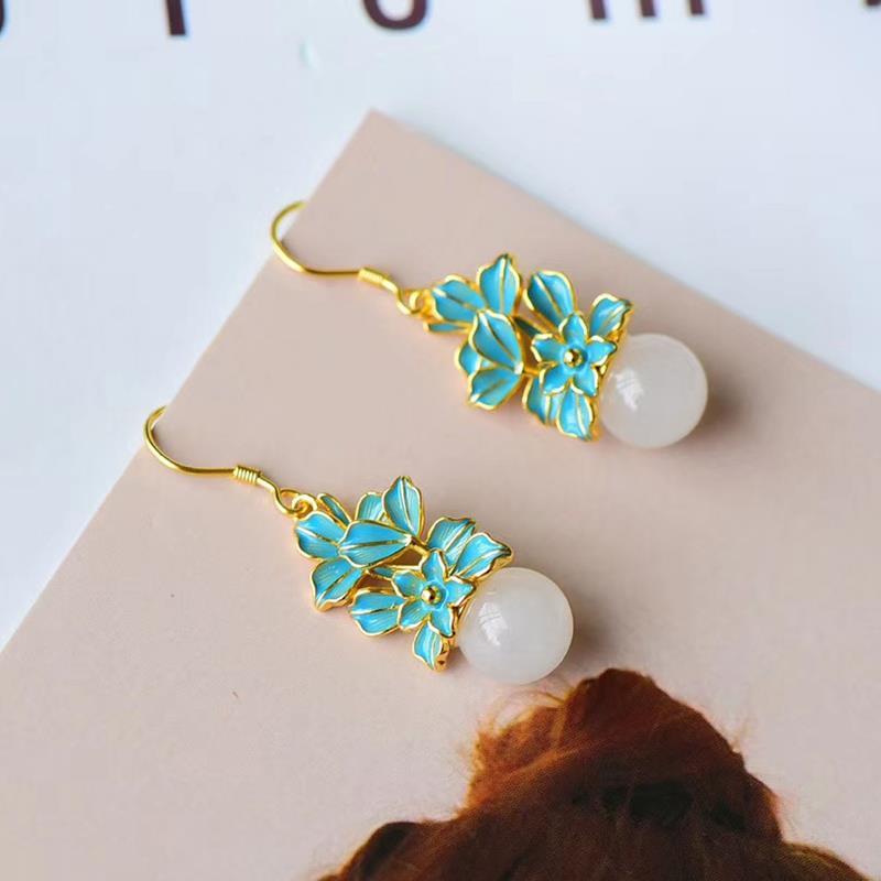 Natural Fine White Jade Flower Earrings Vintage Style Retro Enamel Porcelain Craft Women's Jewelry