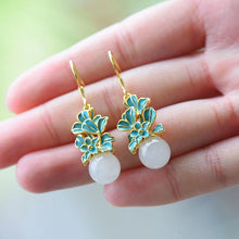 Load image into Gallery viewer, Natural Fine White Jade Flower Earrings Vintage Style Retro Enamel Porcelain Craft Women&#39;s Jewelry
