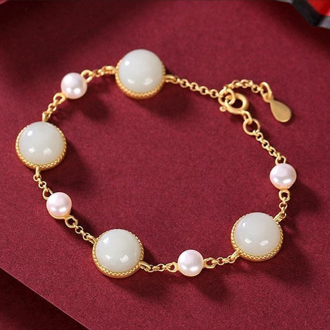 Lokaloca New Inlaid Natural Fine White Jade Chalcedony Bracelet