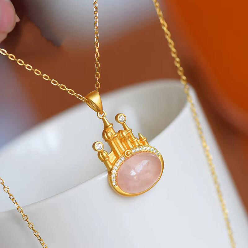 New Original Natural Rose Quartz Pink Crystal Castle Pendant Necklace Vintage Style Retro Design Women's Jewelry