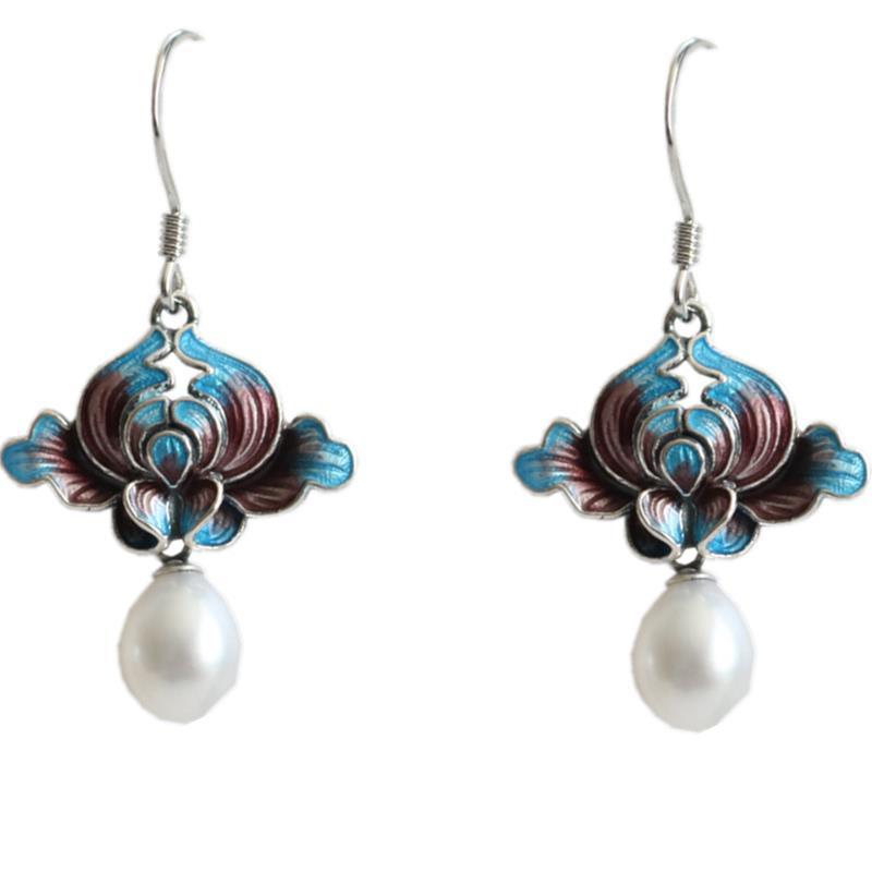 Original Design Enamel Porcelain Pearl Earrings VintageStyle Retro Charm Luxury Women's Brand Silver Jewelry