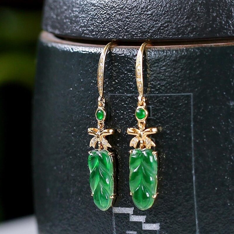 Lokaloca Original Natural Green Jade Leaf Earrings