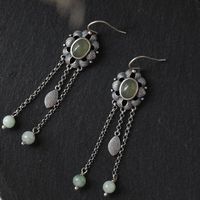 Original Designer Natural Fine Jade Tassel Earrings Retro Aristocratic Ethnic Silver Jewelry