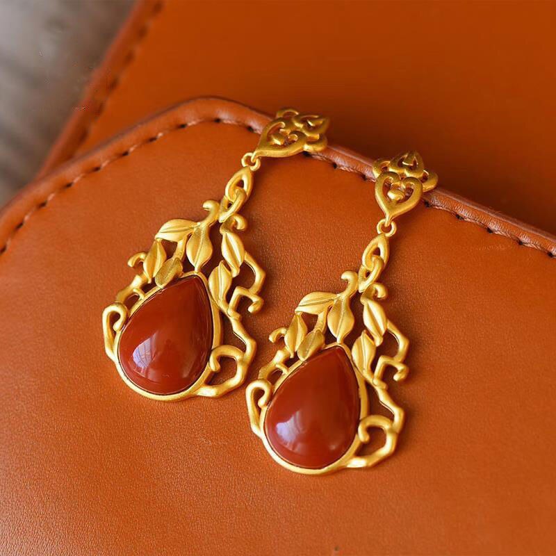 Original Design Natural Southern Red Agate Water Drop Shaped Earrings Vintage Style Retro Luxury Jewelry