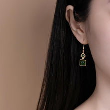 Load image into Gallery viewer, Unique Craftsmanship Inlaid Natural Fine Jade Square Earrings Ladies Silver Jewelry
