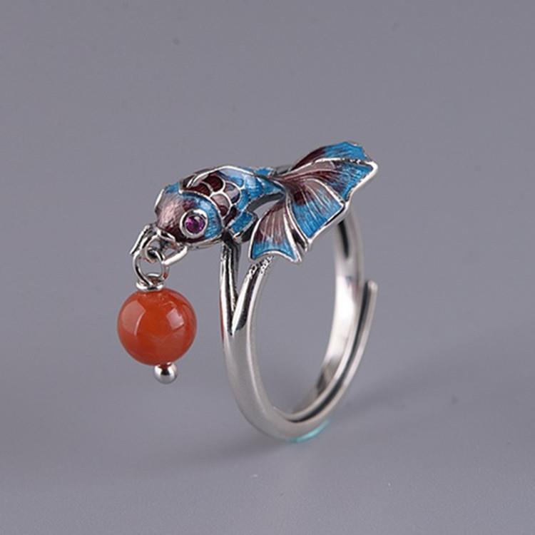 Silver Vintage Style Enamel Fish Retro Elegant Charm South Red Bead Tassel Women Adjustable Ring