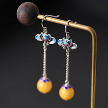 Load image into Gallery viewer, New Silver Blue Cloisonne Enamel Lotus Inlaid Amber Tassel Earrings Vintage Style Retro Elegant Court Charm Women&#39;s Jewelry
