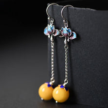 Load image into Gallery viewer, New Silver Blue Cloisonne Enamel Lotus Inlaid Amber Tassel Earrings Vintage Style Retro Elegant Court Charm Women&#39;s Jewelry
