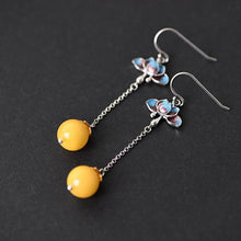 Load image into Gallery viewer, New Silver Blue Cloisonne Enamel Lotus Inlaid Amber Tassel Earrings Vintage Style Retro Elegant Court Charm Women&#39;s Jewelry
