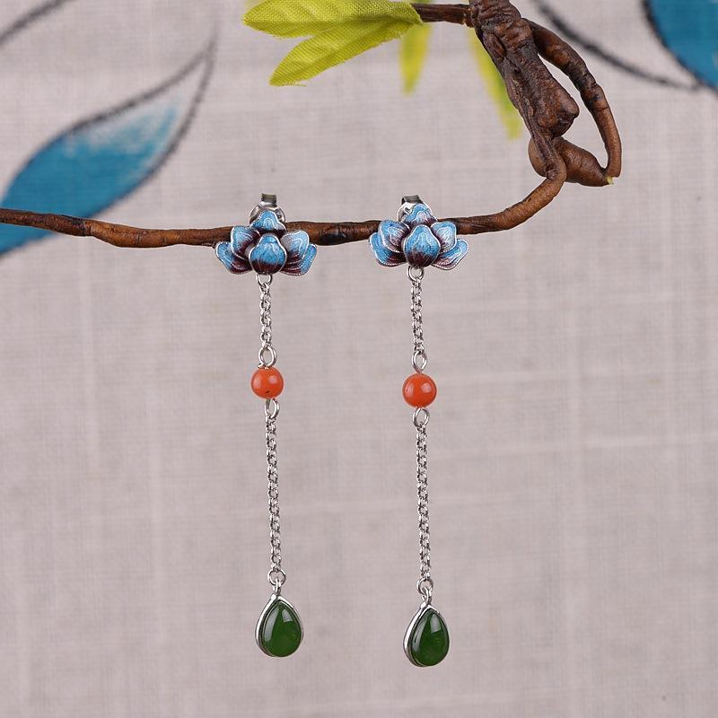 Silver Blue Lotus Enamel Color South Red Agate Jade Long Earrings Vintage Style Retro Palace Elegant Women's Brand Jewelry