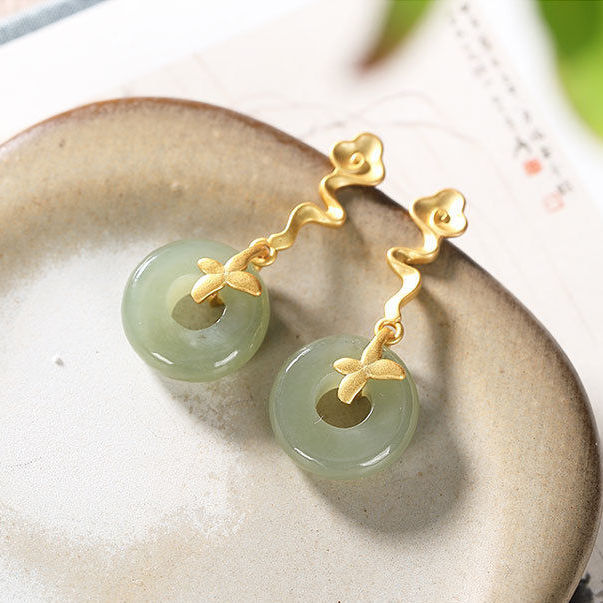 Silver Inlaid Fine Jade Plant Auspicious Earrings Vintage Unique Craft Luxury Charm Women's Jewelry