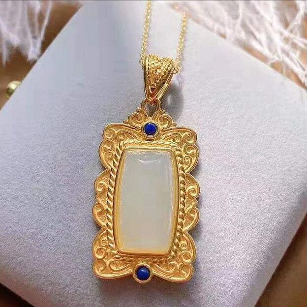 New Silver Inlaid Fine White Jade Pendant Vintage Style Retro Unique Crafts Lapis Lazuli Women's Brand Jewelry