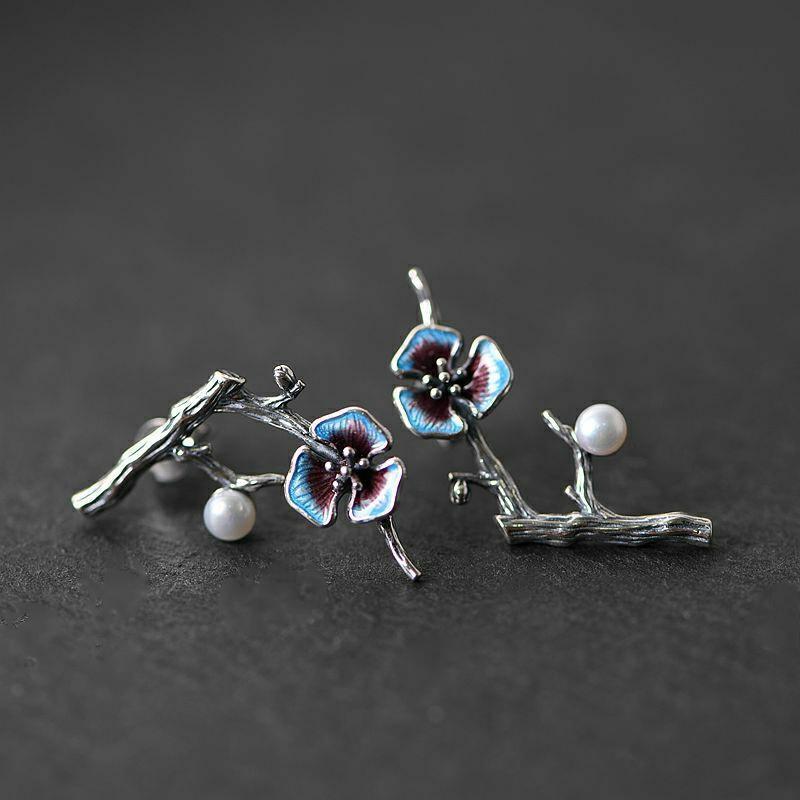 Silver Inlaid Pearl Cloisonne Earrings Vintage Style Retro Minority Design Plant Elegant Women's Jewelry