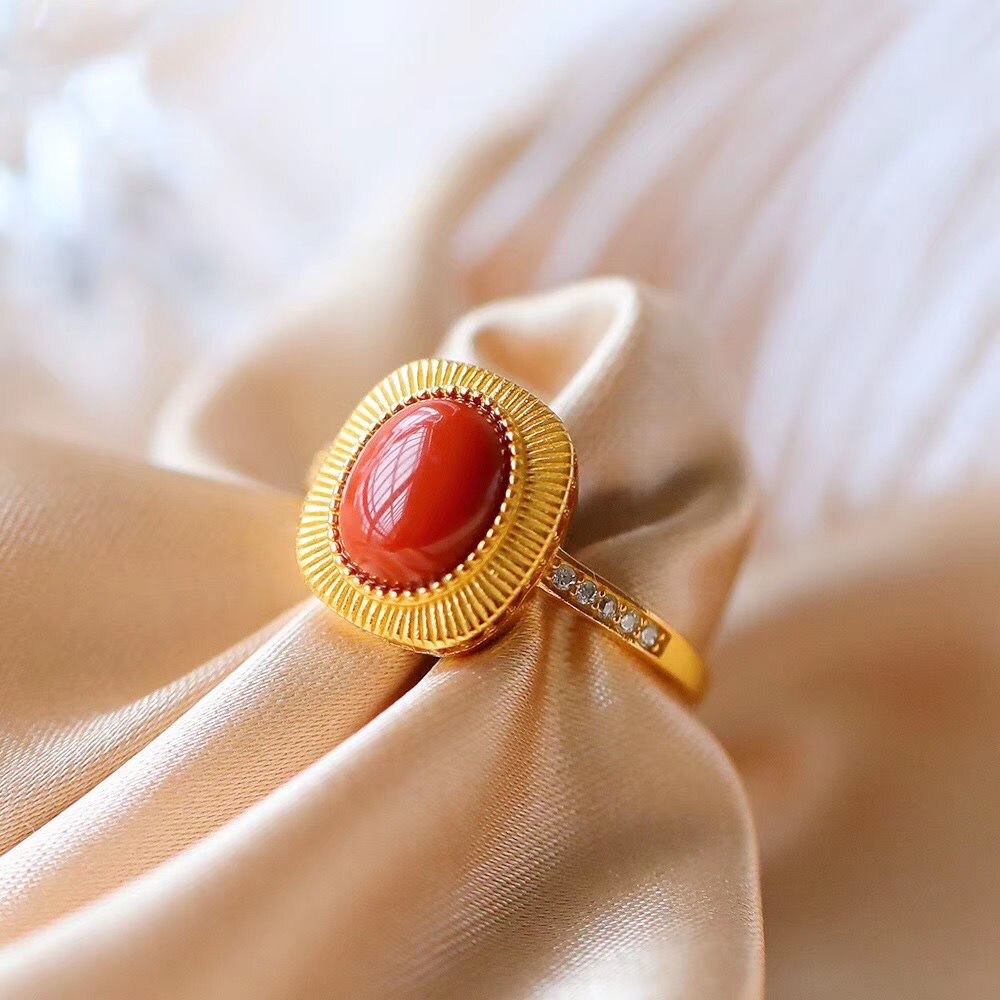 Silver Inlaid Southern Red Agate Ring Square Oval Color Vintage Retro Women's Jewelry