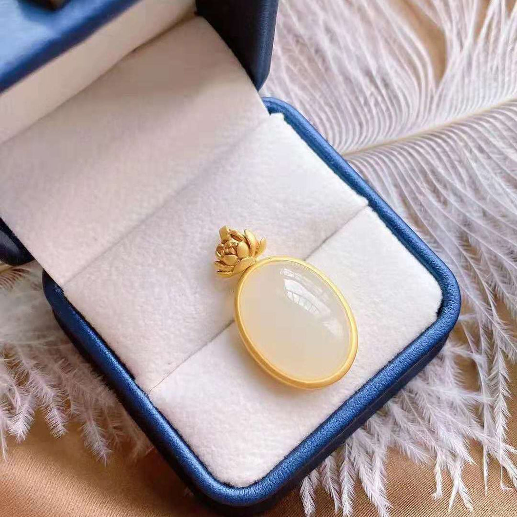 New Silver Inlaid Gold-plated  Natural Fine White Jade Chalcedony Pendant Necklace Vintage Charm Women's Jewelry