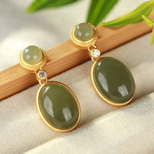 Load image into Gallery viewer, Silver Inlaid Natural Fine Jade Oval Earrings Vintage Style Retro Design Charm Women&#39;s Brand Jewelry
