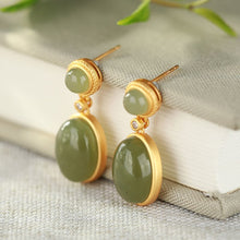 Load image into Gallery viewer, Silver Inlaid Natural Fine Jade Oval Earrings Vintage Style Retro Design Charm Women&#39;s Brand Jewelry
