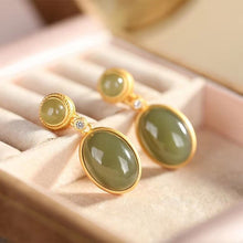 Load image into Gallery viewer, Silver Inlaid Natural Fine Jade Oval Earrings Vintage Style Retro Design Charm Women&#39;s Brand Jewelry
