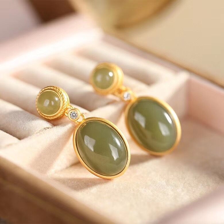 Silver Inlaid Natural Fine Jade Oval Earrings Vintage Style Retro Design Charm Women's Brand Jewelry