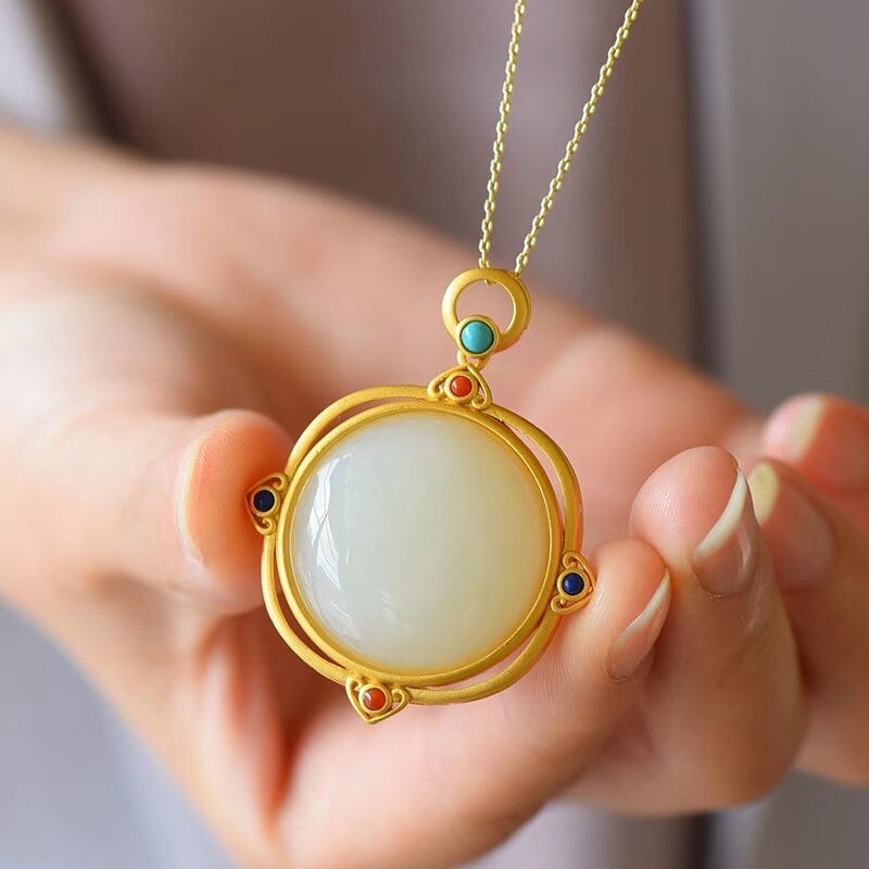 Silver Inlaid Natural Fine White Jade Pendant Necklace Vintage Style Retro Charm Women's Jewelry