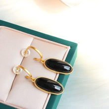 Load image into Gallery viewer, New Silver Inlaid Natural Fine Dark Jade Oval Earrings Vintage Classical Gilded Luxury Charm Women&#39;s Jewelry
