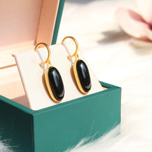 Load image into Gallery viewer, New Silver Inlaid Natural Fine Dark Jade Oval Earrings Vintage Classical Gilded Luxury Charm Women&#39;s Jewelry
