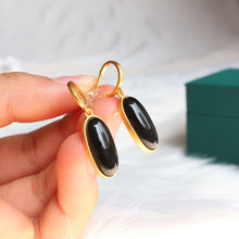 Load image into Gallery viewer, New Silver Inlaid Natural Fine Dark Jade Oval Earrings Vintage Classical Gilded Luxury Charm Women&#39;s Jewelry
