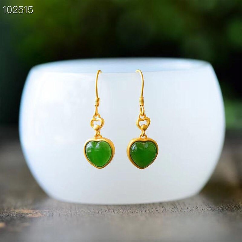 Lokaloca Silver Inlaid Natural Fine Jade Heart Shaped Earrings